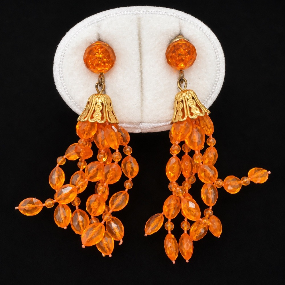 Vtg Beaded Tassel Clip On Earrings Orange Gold Tone Waterfall Statement Dangle